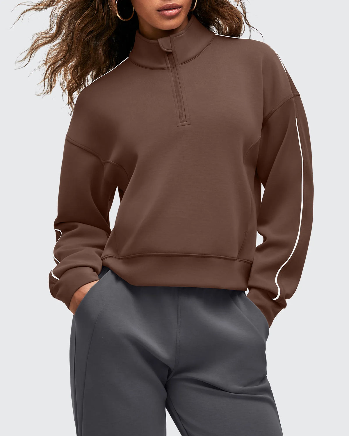 Smoofit Half-Zip White Piping Mock Neck Pullover Sweatshirts