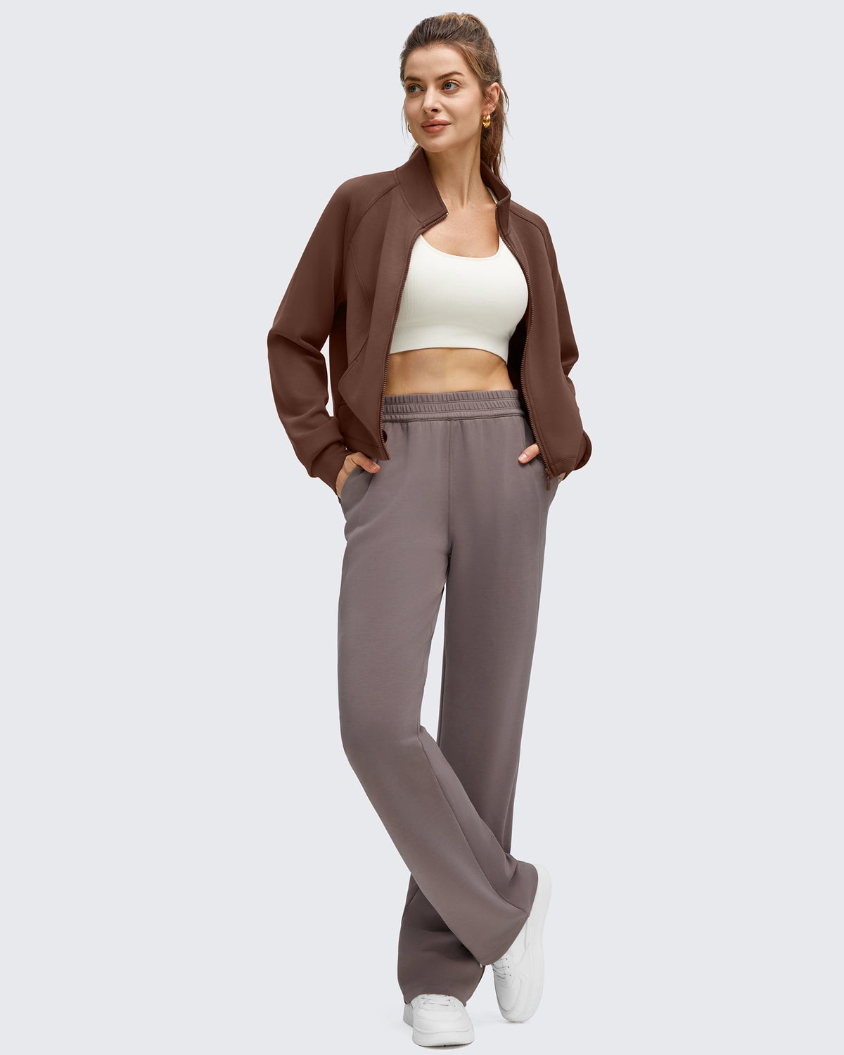 Smoofit Modal Zip Up Mock Neck Pockets Sweatshirts