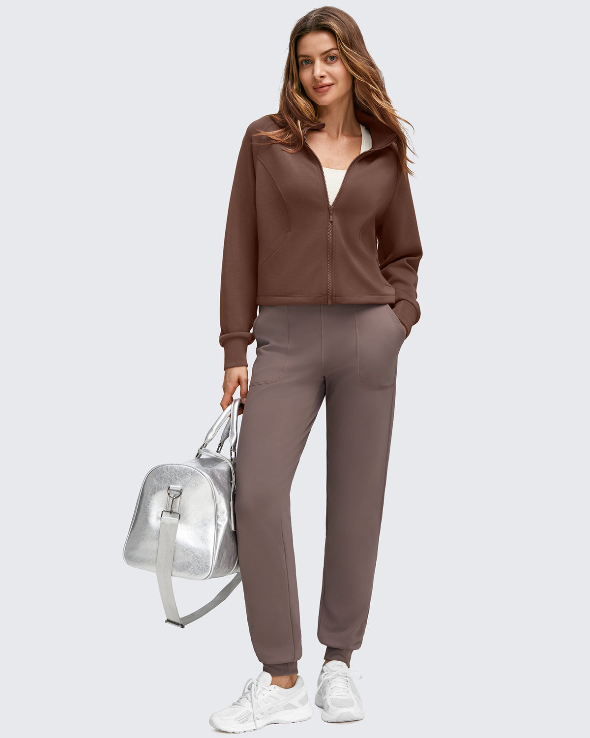 Smoofit Modal Zip Up Mock Neck Pockets Sweatshirts