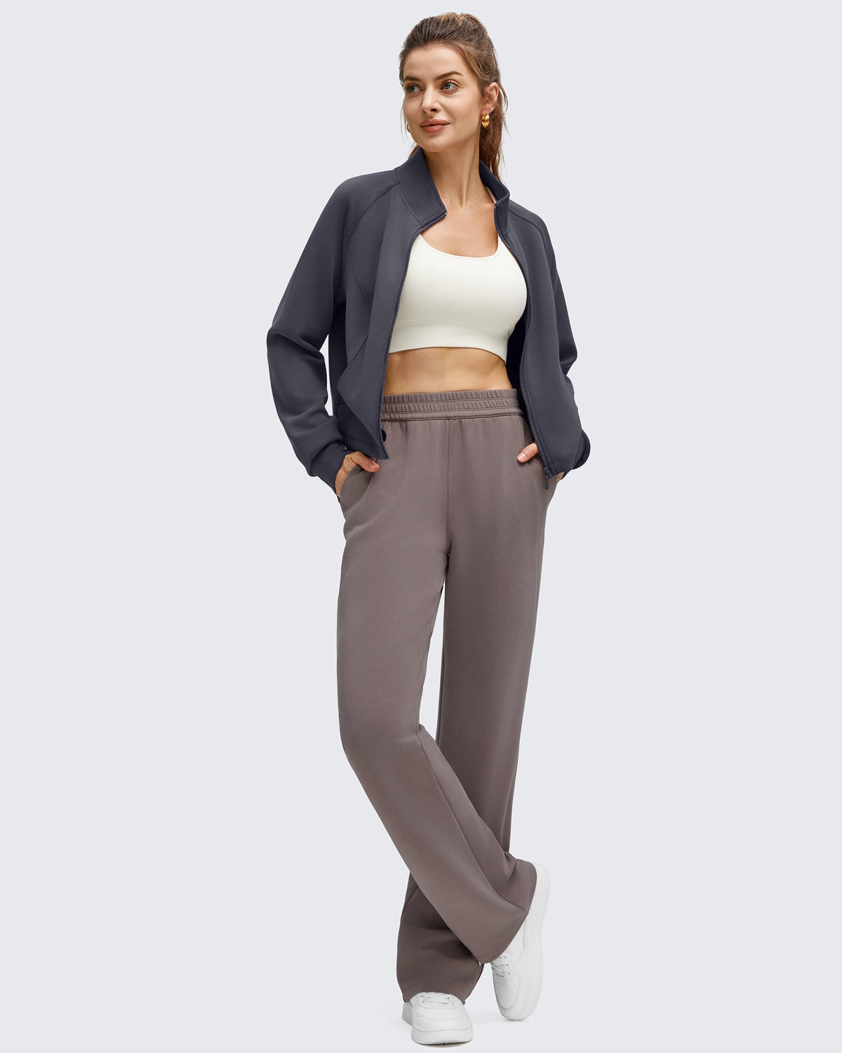 Smoofit Modal Zip Up Mock Neck Pockets Sweatshirts