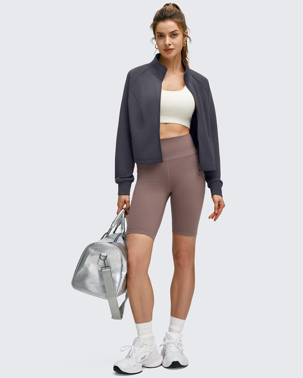 Smoofit Modal Zip Up Mock Neck Pockets Sweatshirts