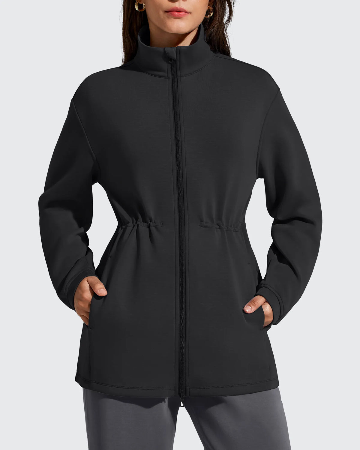 Smoofit Zip Up Pockets Long Cinch Waist Jackets