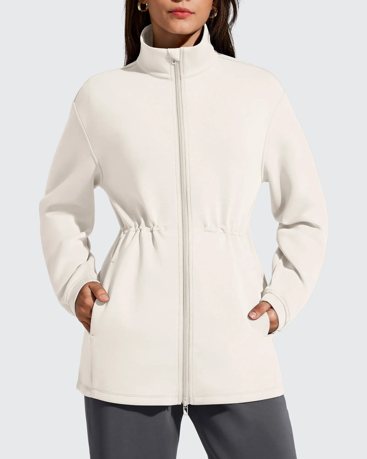 Smoofit Zip Up Pockets Long Cinch Waist Jackets