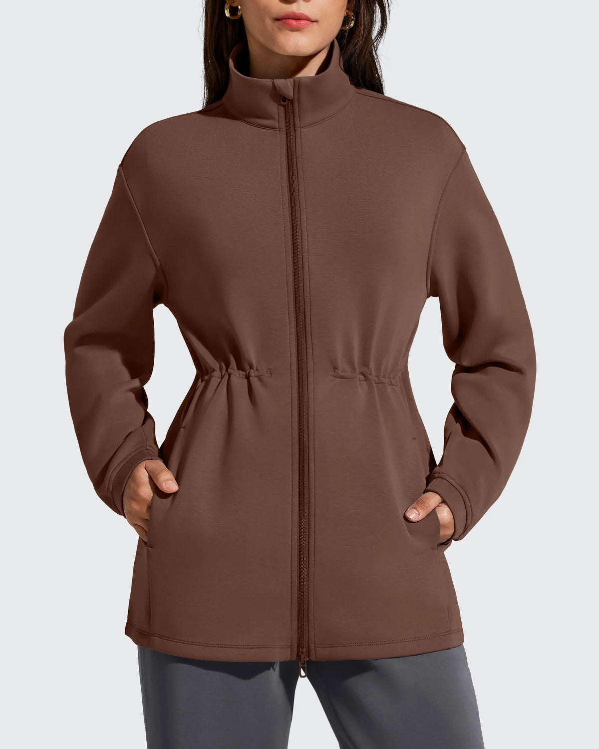 Smoofit Zip Up Pockets Long Cinch Waist Jackets