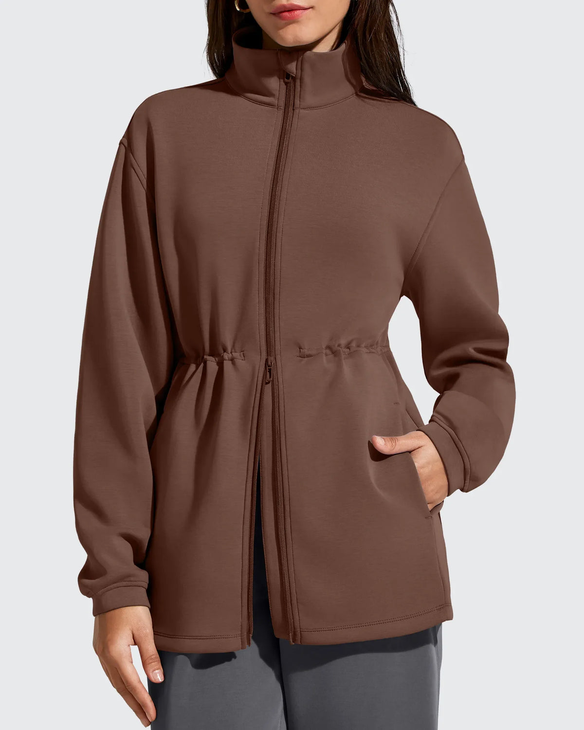 Smoofit Zip Up Pockets Long Cinch Waist Jackets