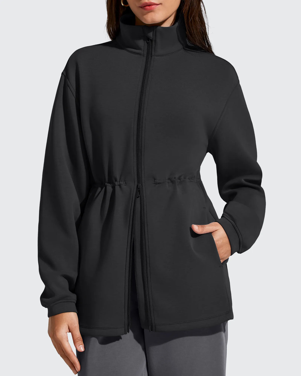 Smoofit Zip Up Pockets Long Cinch Waist Jackets