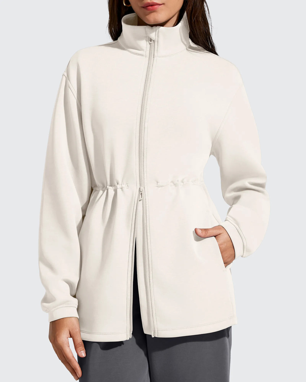 Smoofit Zip Up Pockets Long Cinch Waist Jackets
