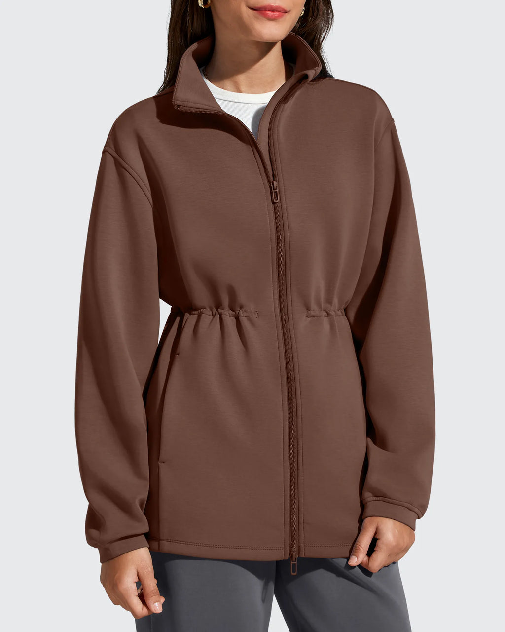 Smoofit Zip Up Pockets Long Cinch Waist Jackets