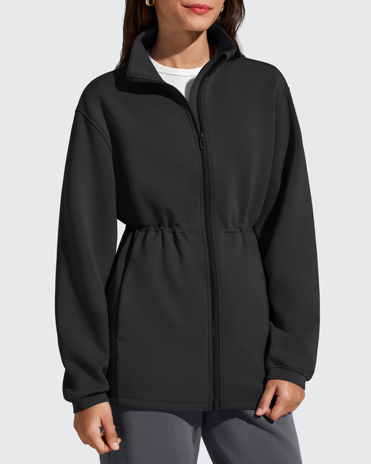 Smoofit Zip Up Pockets Long Cinch Waist Jackets