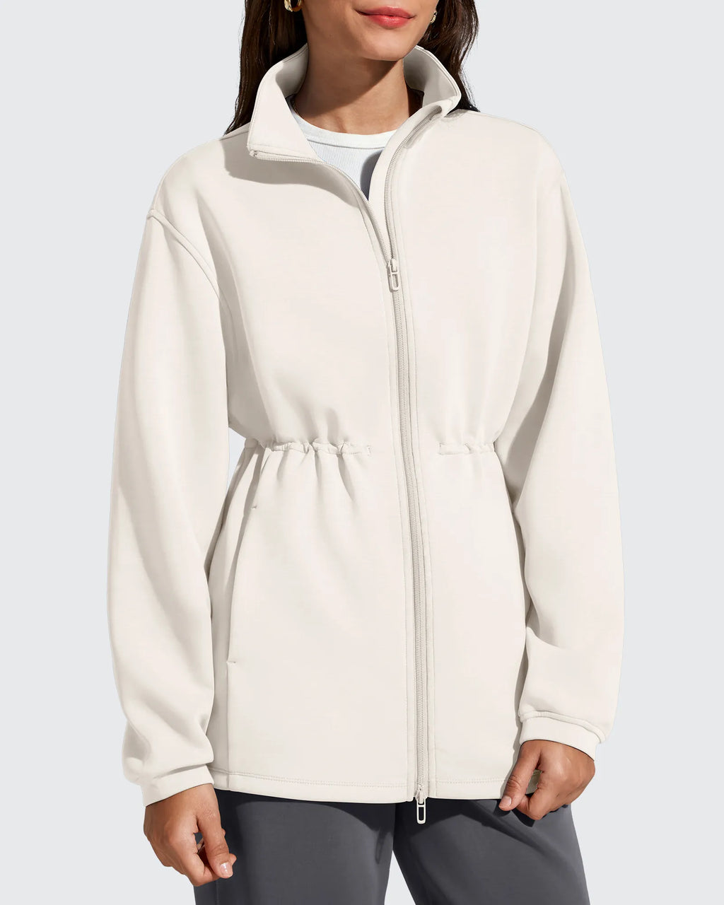 Smoofit Zip Up Pockets Long Cinch Waist Jackets