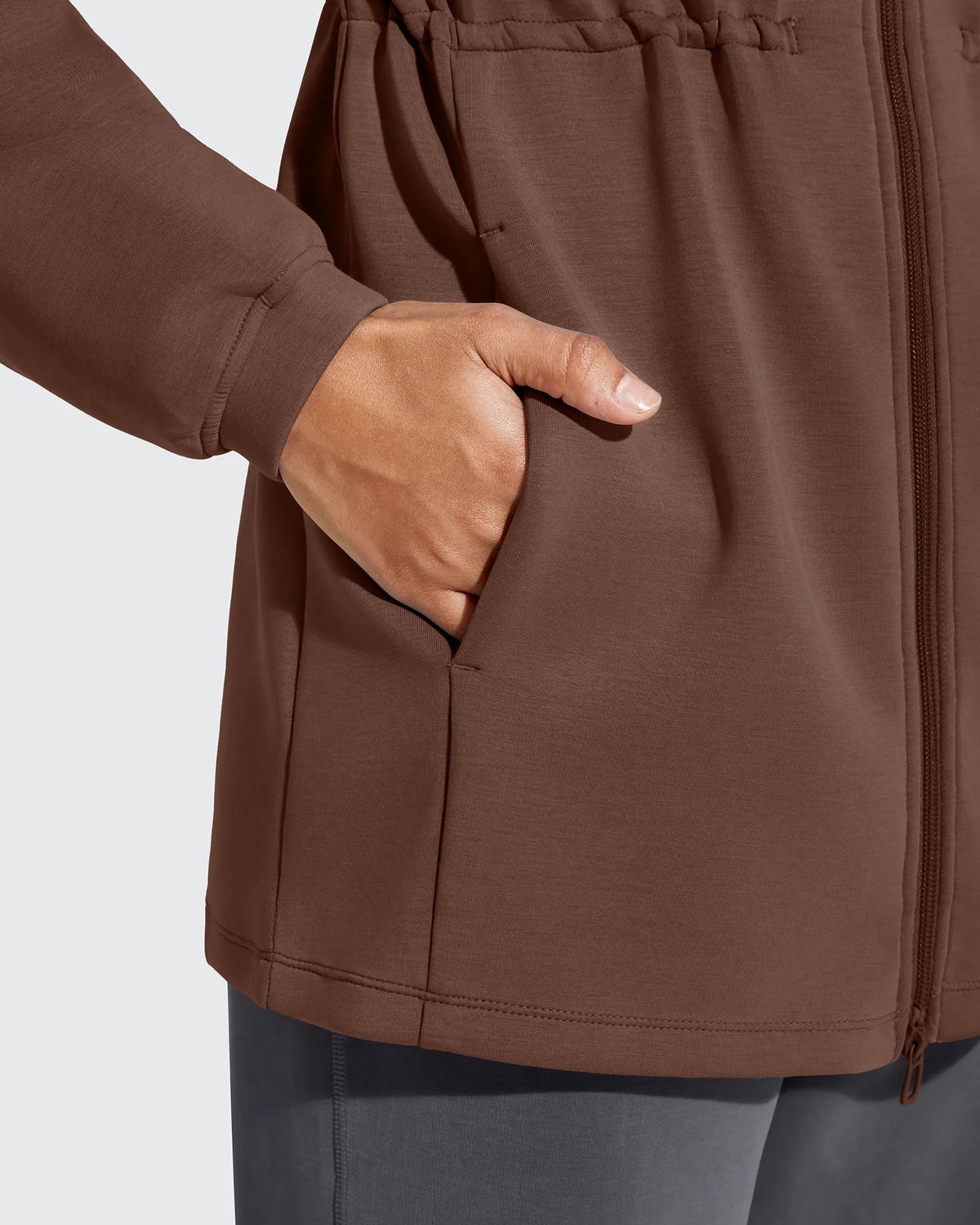 Smoofit Zip Up Pockets Long Cinch Waist Jackets