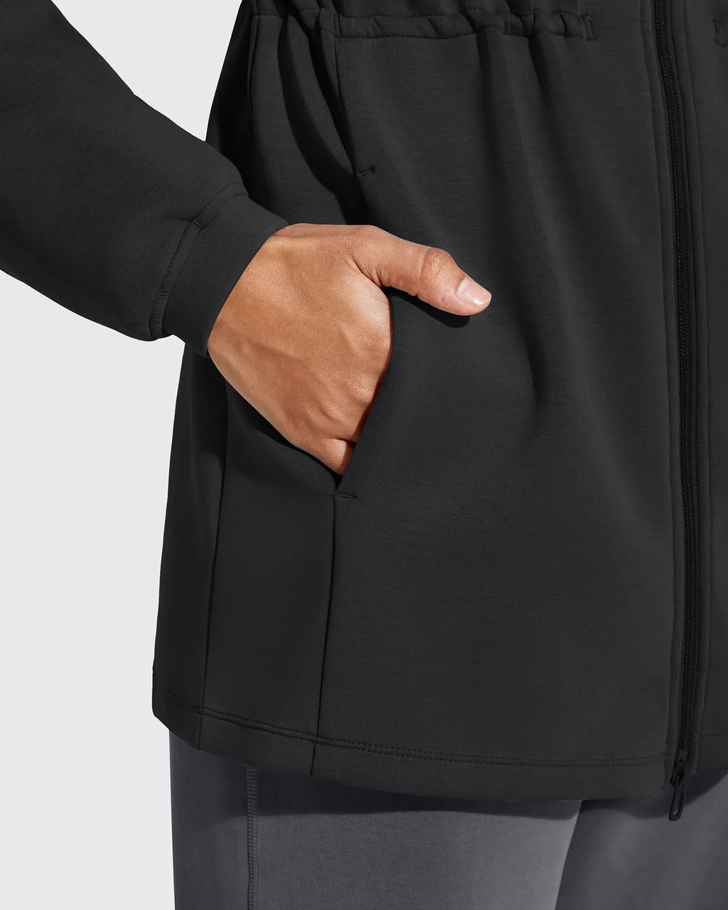 Smoofit Zip Up Pockets Long Cinch Waist Jackets