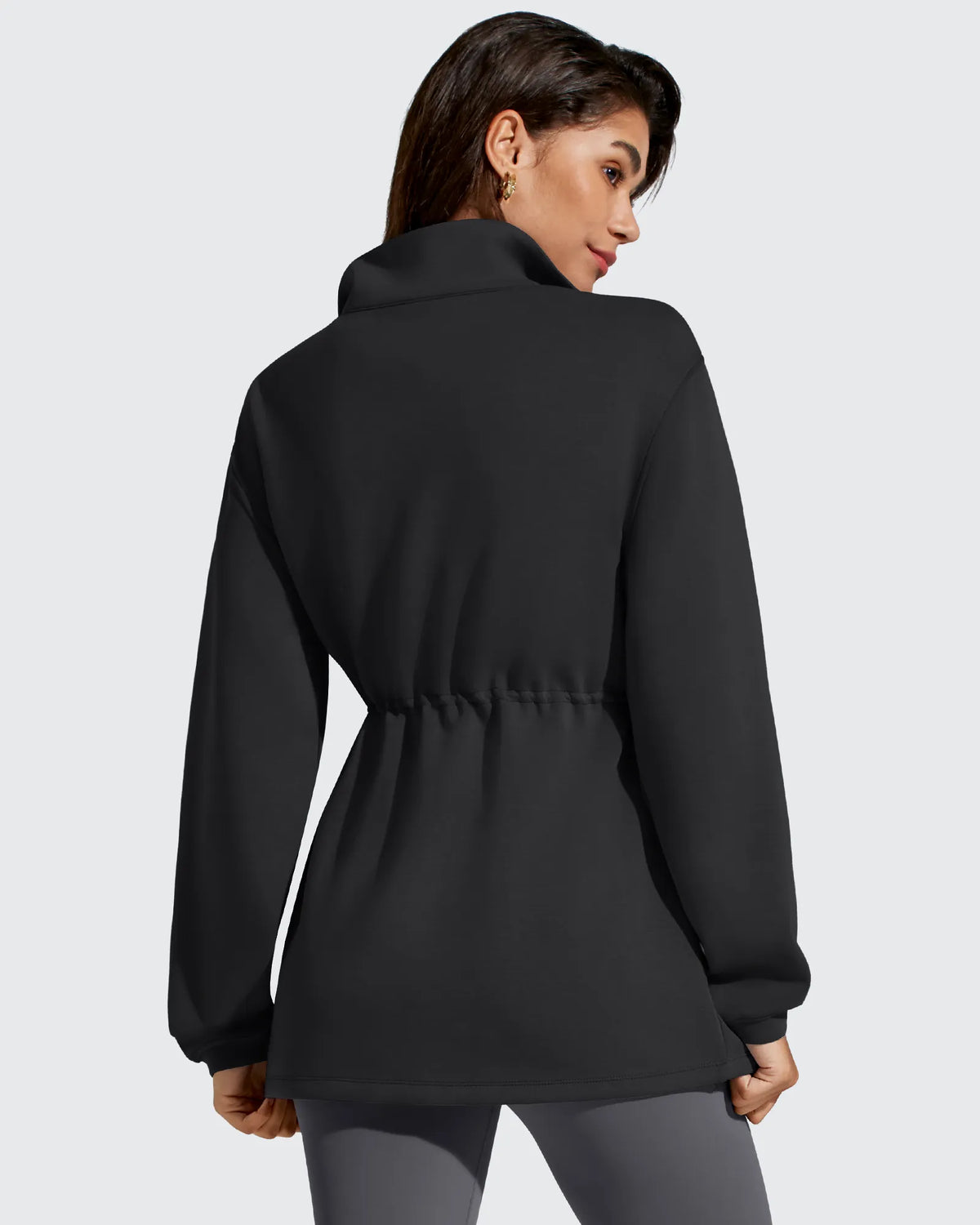Smoofit Zip Up Pockets Long Cinch Waist Jackets
