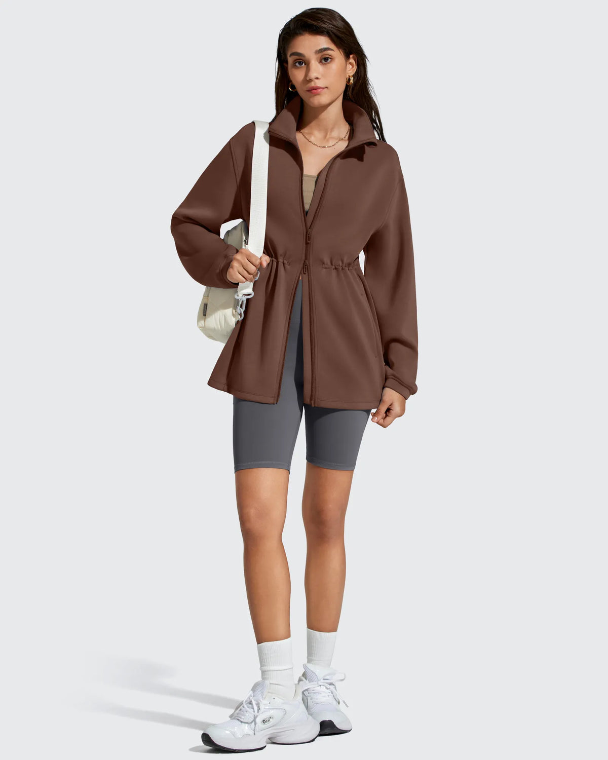 Smoofit Zip Up Pockets Long Cinch Waist Jackets