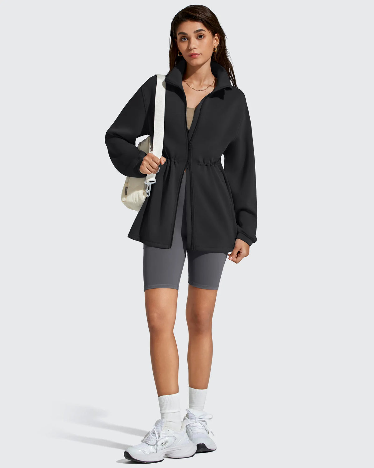 Smoofit Zip Up Pockets Long Cinch Waist Jackets