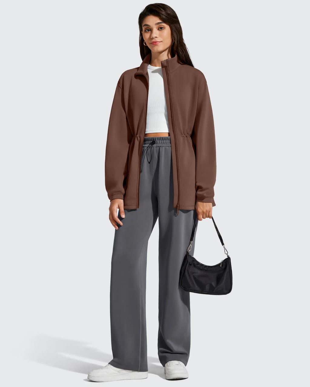 Smoofit Zip Up Pockets Long Cinch Waist Jackets
