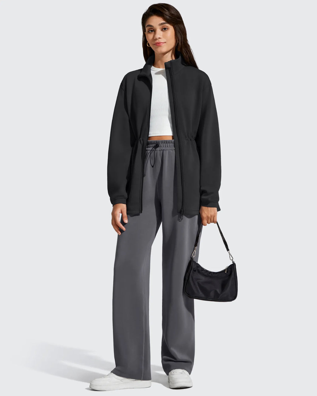 Smoofit Zip Up Pockets Long Cinch Waist Jackets