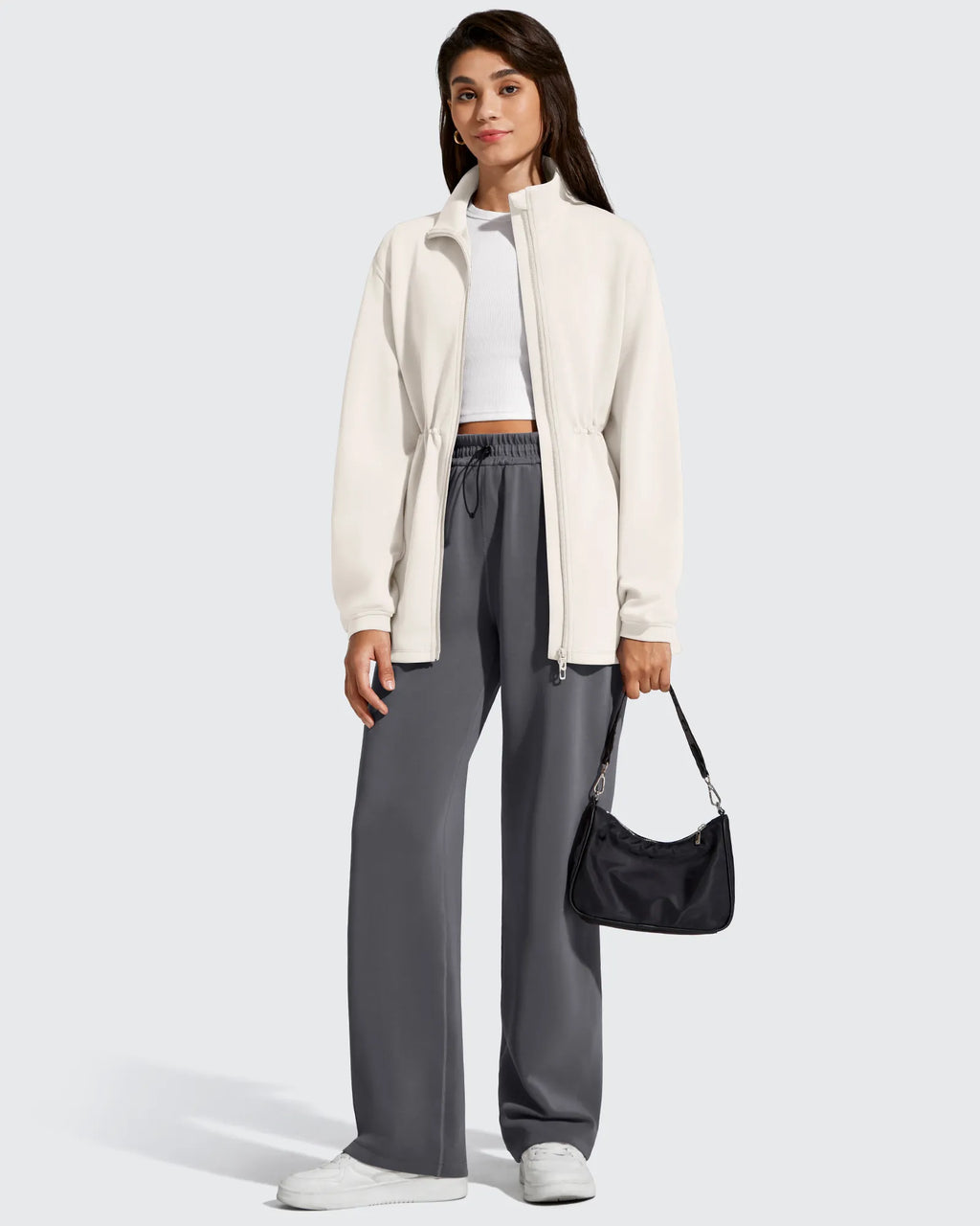Smoofit Zip Up Pockets Long Cinch Waist Jackets
