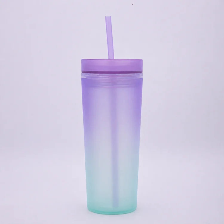 Rainbow Gradient Color Plastic Cup with Straw