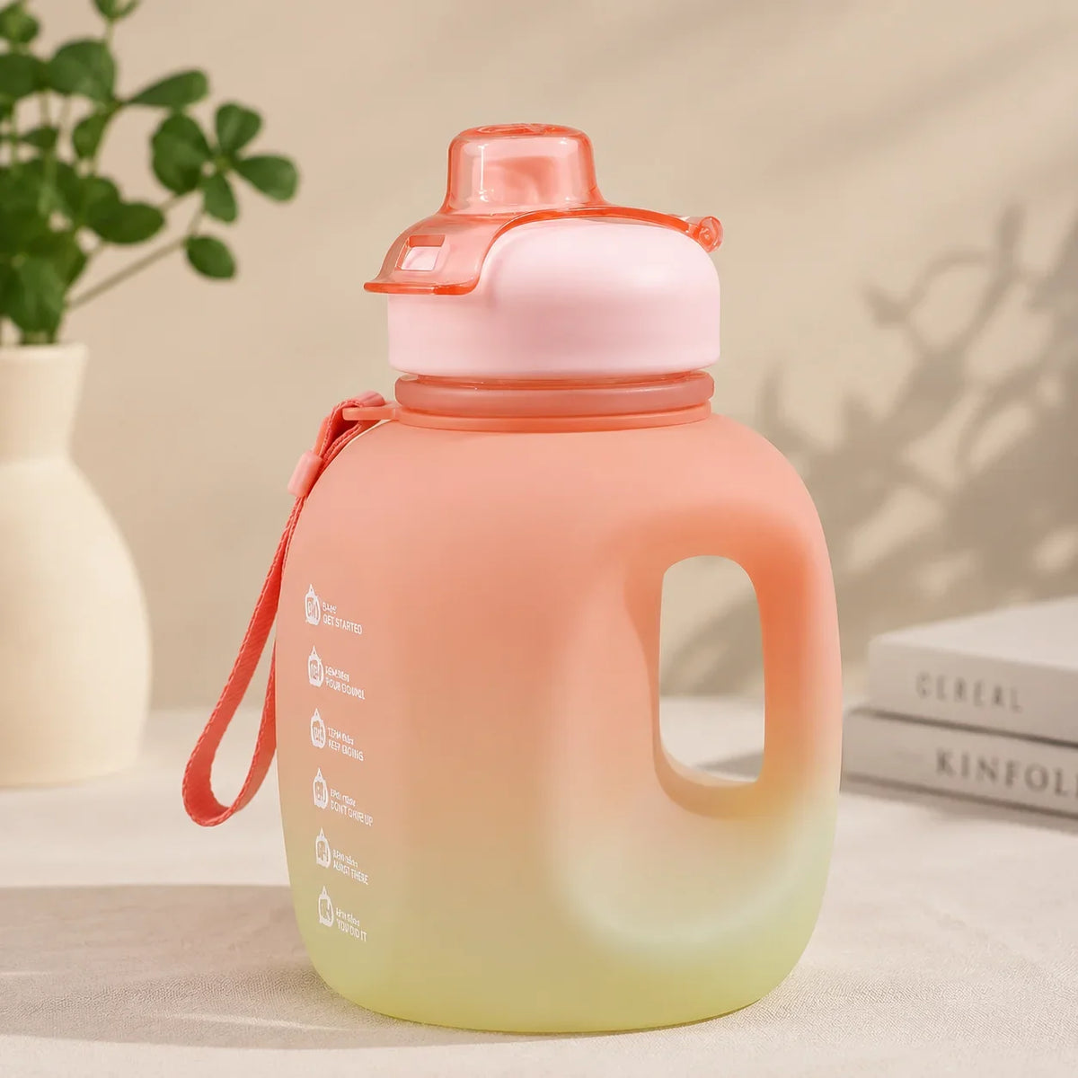 Gradient Color Sports Water Bottle with Handle - Peach